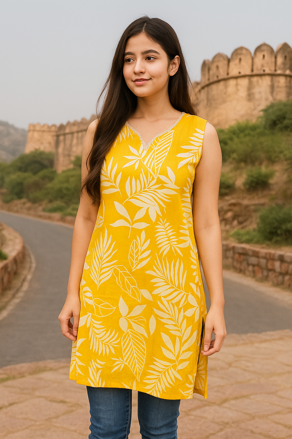 Yellow Flower Print Long Kurta